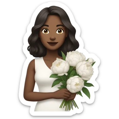 A woman with shoulder length dark brown hair holding a bouquet of white peonies sticker