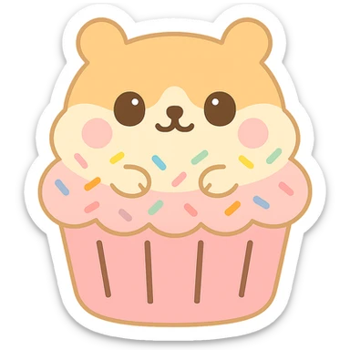 Remove the outline border from the kawaii hamster cupcake with pastel sprinkles, keeping the flat pastel style, chubby face, and transparent background. sticker