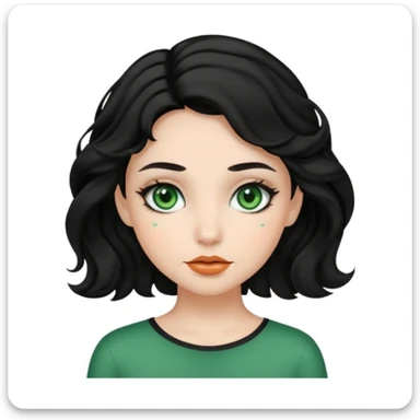 A girl with green eyes, black wavy hair with clean girl make up sticker
