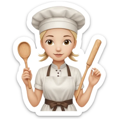 Young female pastry chef - single ponytail, apron, wearing a white hat, holding a rolling pin sticker