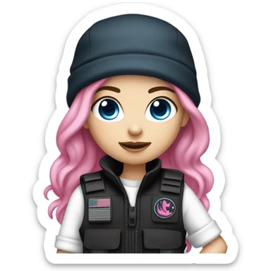 girl, white skin, tactical vest, dark pants, long pink hair, blue eyes, black beanie hat with crescent moon on front, black combat boots, gun sticker