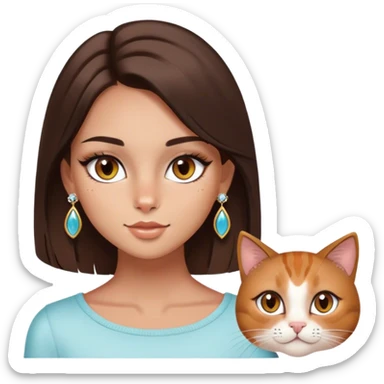 brunette girl, brown eyes, straight hair, slightly dark color, white skin, slightly tanned, cat eyes with pretty eyelashes, few freckles, earrings, beyonette lenses placed almost on the tip of the nose, toast makeup sticker