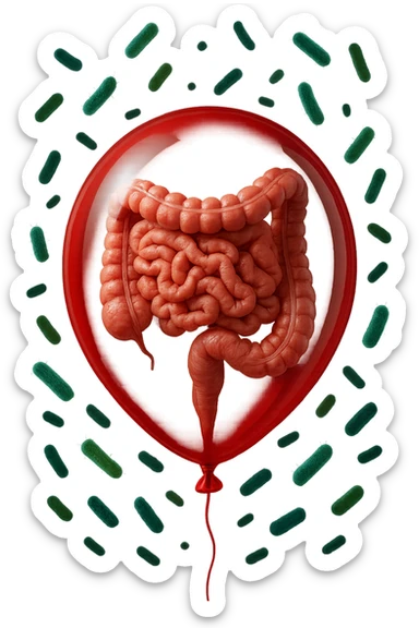 intestino umano anatomico chiuso in un palloncino rosso con batteri intestinali che fluttuano intorno, iperrealistico 4k sticker