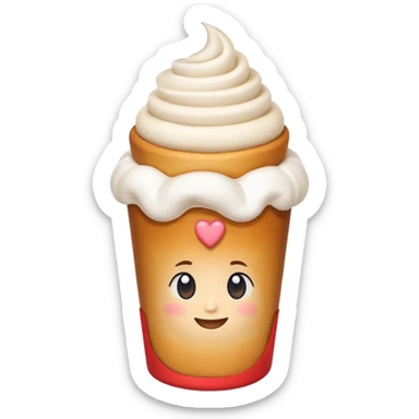 Cute emoji of a Hungarian chimney cake (kürtőskalács), cylindrical pastry, light brown baked dough with sugar coating, topped with white whipped cream, served in a small white paper cup sticker