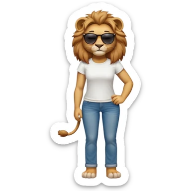 friendly anthropomorphised female lion character, full body, standing confidently with legs shoulder width apart and arms folded, wearing jeans, a white t-shirt, and dark sunglasses, with a confident smile sticker