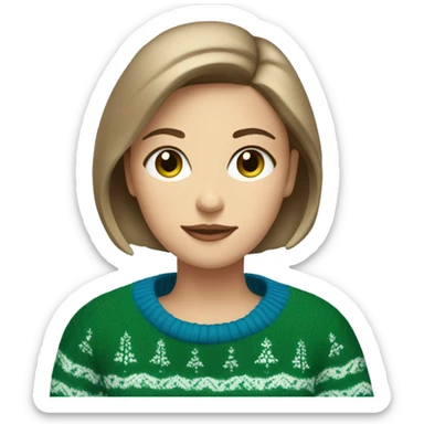 Light brown short haired girl with green eyes drinking coffee wearing blue Christmas sweater sticker
