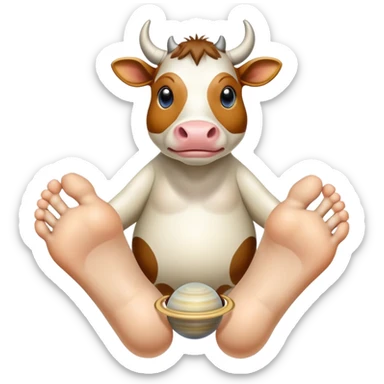 A cow-headed Saturn planet hybrid standing on huge human feet with toes, with Saturn's rings tilted around the middle of the body sticker