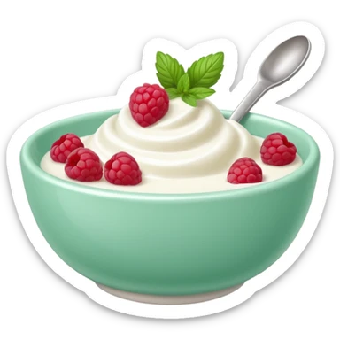 yoghurt bowl with raspberry and mint leaf sticker
