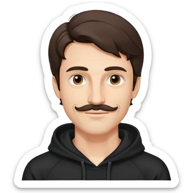 Slim Hombre joven caucasian, cara alargada, bigote fino, cejas arqueadas, pelo castaño oscuro ondulado. Sonrisa leve, expresión suave-alegre. Hoodie negro. sticker