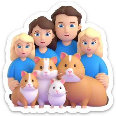 Family portrait with father with dark brown hair and blue eyes, mother with light brown hair and blue eyes, three blonde little girls with blue eyes, plus a cat and two guinea pigs sticker