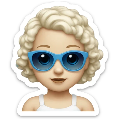 little white baby girl with blue frame sunglasses and dark lens sticker