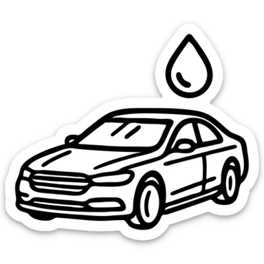 outlined icon of a full premium vehicle with glossy black paint, strong mirror-like shine and reflections, water droplet sliding on the hood or roof, clean lines, subtle repellent effect, modern and simple sticker