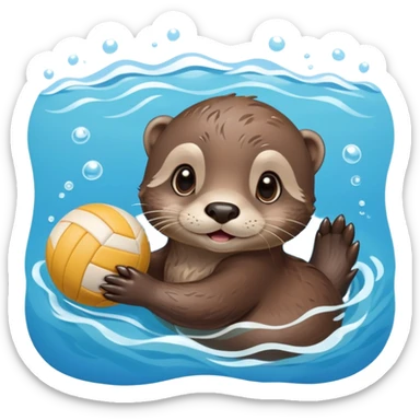 super cute baby otter with gentle expression and soft rounded eyebrows, floating on clearly visible blue water with waves, tiny baby otter with big sweet eyes holding a volleyball with both small paws above water sticker