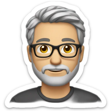 Caucasian man 40. brown eyes. short hair and short gray beard. disheveled on end. black glasses sticker