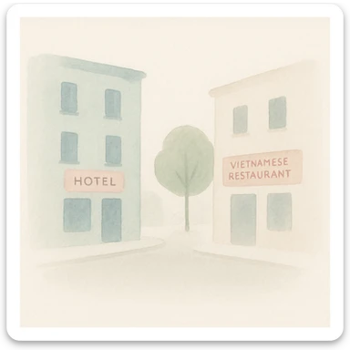 soft watercolor illustration in a minimalist, modern style, two buildings facing each other across a street, a hotel on one side and a Vietnamese restaurant on the other, pastel colors, delicate linework, gentle whimsical mood, minimal soft shading sticker