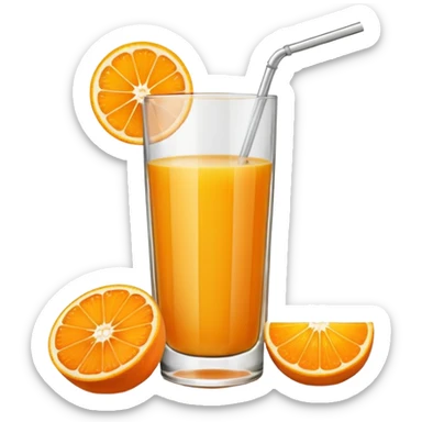 A glas of orange juice. Without a straw. With a slice of orange next to it on the bottom sticker