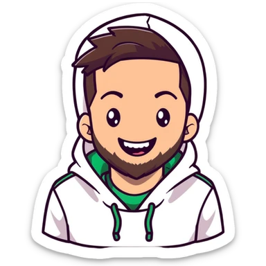 laughing guy with white hoodie, white t-shirt underneath, green eyes, dark brown undercut hairstyle and a short full beard sticker
