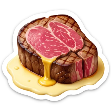 Cinematic thick-cut steak, perfectly seared with grill marks, a juicy pink center, butter melting on top, rich and savory, warm glow, sizzling and mouthwatering, highly detailed and appetizing. sticker