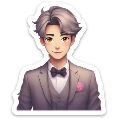 Gorgeous romantic anime style Asian formal modern gentlemanly guy with cat ears and flowers and blushing face aesthetic trending style outside with colorful gradient colors sticker