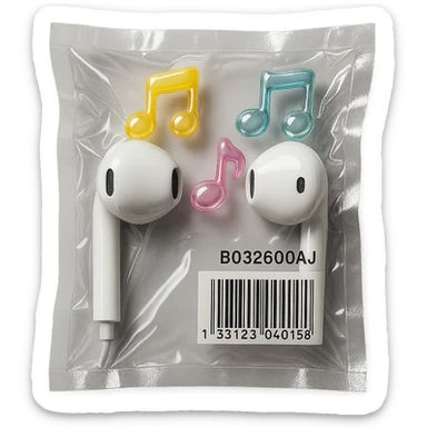 pair of white EarPods with three floating glass music notes in pastel colors, shiny and puffy, vacuum-sealed style sticker
