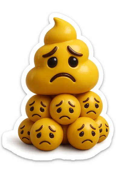 emoji stile iphone di una cacca giallina e liquida con espressione triste, sopra una montagnetta di feci a palline con espressione triste, iperrealistico 4k sticker