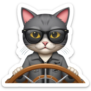 a bad kitty behind the helm of a boat. make the cat look devlishish with a pair of black ray bans wayfers on. driving the boat sticker