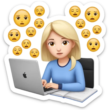 3D emoji style sticker, young woman, white background, slight exam stress, sitting with a laptop, IELTS practice test on the screen showing Overall 5.5, tired but determined expression, notebooks and papers around, soft lighting, minimal details, clean aesthetic, astrology style sticker