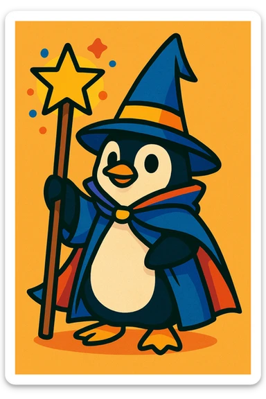 a penguin dressed as a wizard, with a pointy hat and a magic staff, in a fun and whimsical style, colorful vibrant toon illustration sticker