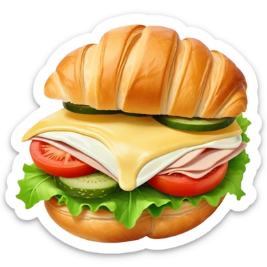 sandwich with turkey, lettuce, pickles, mayonnaise, and tomatoes on a croissant sticker