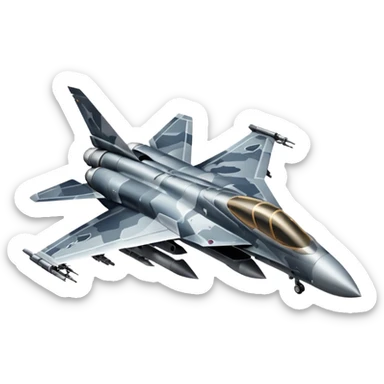 Draw a modern fighter jet with sharp wings, camo design & missiles mounted. sticker