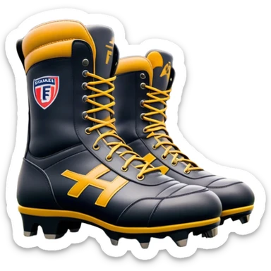 Cinematic Realistic image of a pair of AFL boots, showcasing detailed leather stitching and a rugged sole with fine cleat impressions, captured against a blurred stadium background with high-energy, dynamic lighting sticker