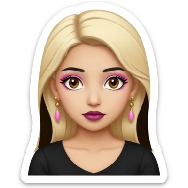 Sweet Indian girl blonde hair darkbrow eyes brown lipstick, pink blush, black top gold earrings, brown eyebrows gold eyeshadow  sticker