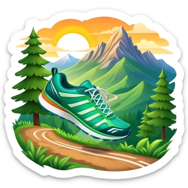A dynamic icon featuring a pair of running shoes in motion on a scenic trail, surrounded by trees and mountains. The background shows a sunrise, symbolizing energy and passion for running. Transparent background enhances the focus on movement and the joy of outdoor jogging. sticker