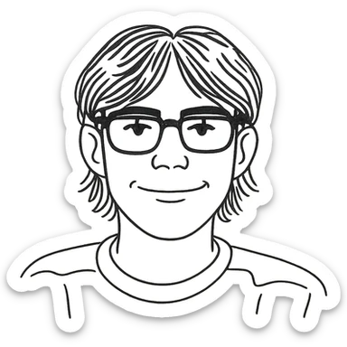 Dark-haired guy with hair to his earlobes, square black glasses, brown eyes sticker