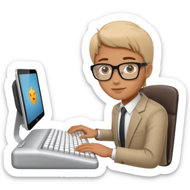 person at a desk typing on a keyboard, manual vetting sticker