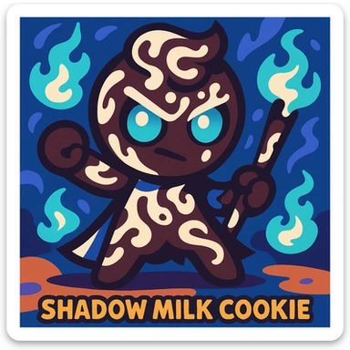 Shadow Milk Cookie, a dark cookie with glowing blue eyes, milk patterns, and a magical vibe sticker