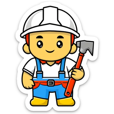 Ukrainian builder in traditional embroidered vyshyvanka shirt with construction helmet and tools sticker