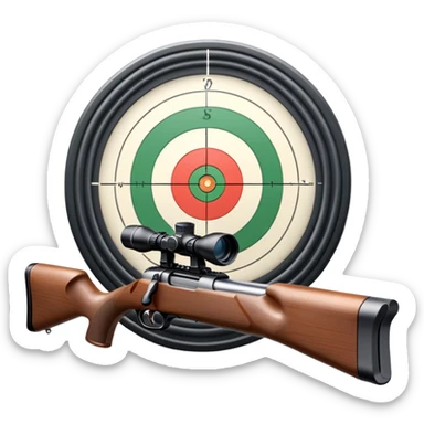 A detailed rifle with a scope, pointing towards a perfectly centered target with concentric rings. The scene highlights the precision and focus required in sports shooting, with no shooter in sight, just the rifle and target in a calm, focused setting. sticker