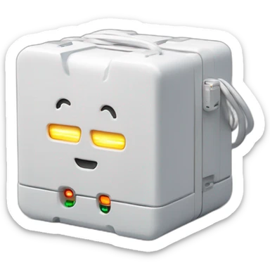 white box connected with cables indicated by blinking LED lights. THe box has a heartbeat label on it robot sticker