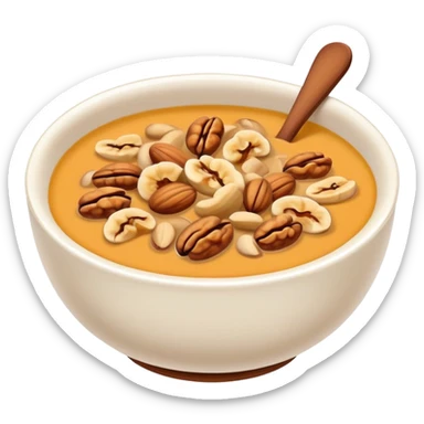 Walnut soup sweet dessert in bowl with nuts, simplified emoji style with bold outlines and bright colors, cartoon style Hetao Hu traditional sweet sticker