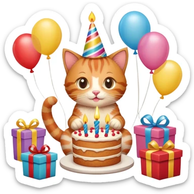 Ginger tabby kitten celebrates birthday, birthday hat, birthday cake, one candle, balloons, happy, gifts sticker