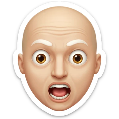 Cabaret portrait of a bald man with a whitened face and made-up eyes and mouth, a huge, wide-open mouth and a startled look sticker