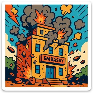 a government building labeled 'embassy' with smoke and debris, comic style, expressive details sticker
