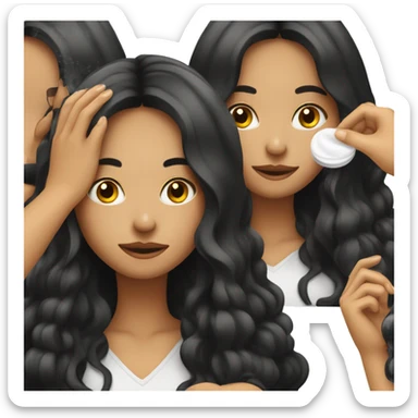 long dark hair girl applying cream on face sticker
