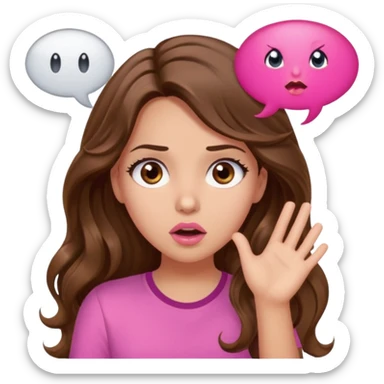girl with long wavy brown hair, brown eyes, light to medium complexion, in a pink shirt, pink lips, long lashes, surprised, wow speech bubble sticker