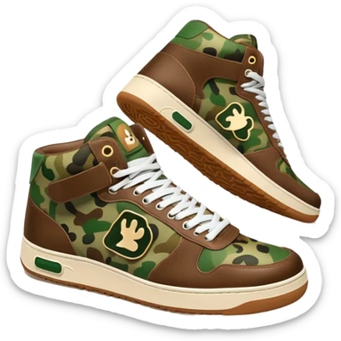 Bape sneaker with classic camo pattern in green and brown colors, high top sneaker with ape logo on the side sticker