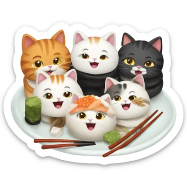 four happy cats eating sushi sticker