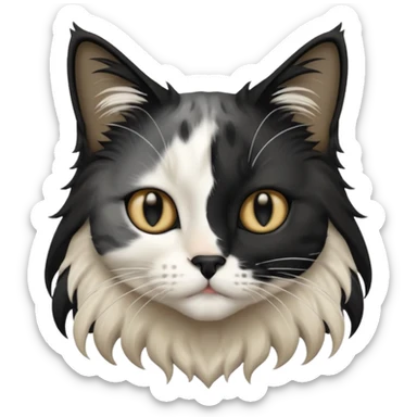 black and white long hair cat. black nose. black splotch near nose (on the right side). white chest. sticker