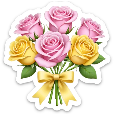 A bouquet of flowers, composed of pink and yellow roses, four blooms in total, tied with ribbon. sticker
