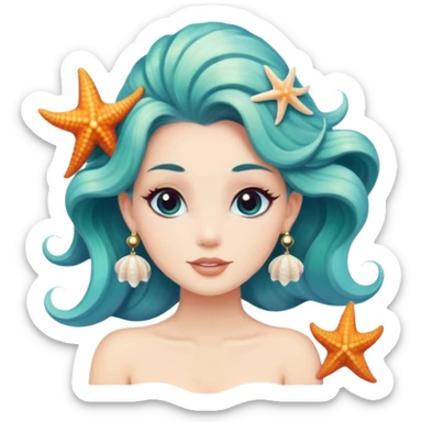 mermaid with seashells in hair, starfish earrings sticker